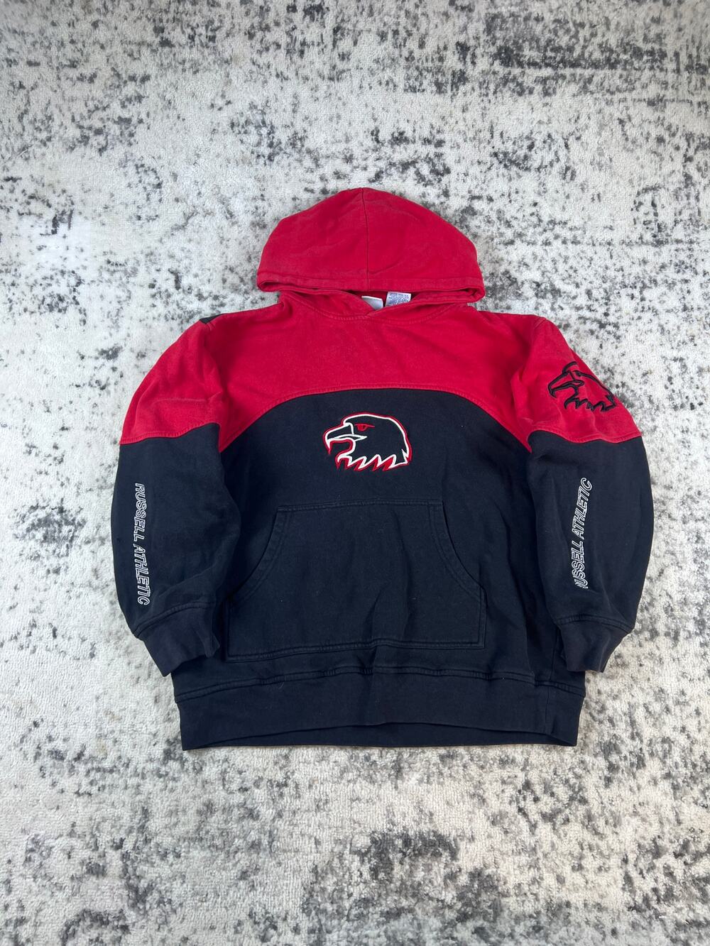 Vintage Russell Athletic Hoodie Youth L Red Black Eagle Streetwear Sweatshirt
